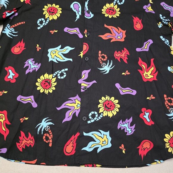 Neff Mens Size Large Fireballs And Daisys All Over Print Button Down Shirt Black - Picture 3 of 6